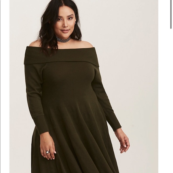 torrid Dresses & Skirts - Torrid Olive Green Knit Off Shoulder Sweater Dress